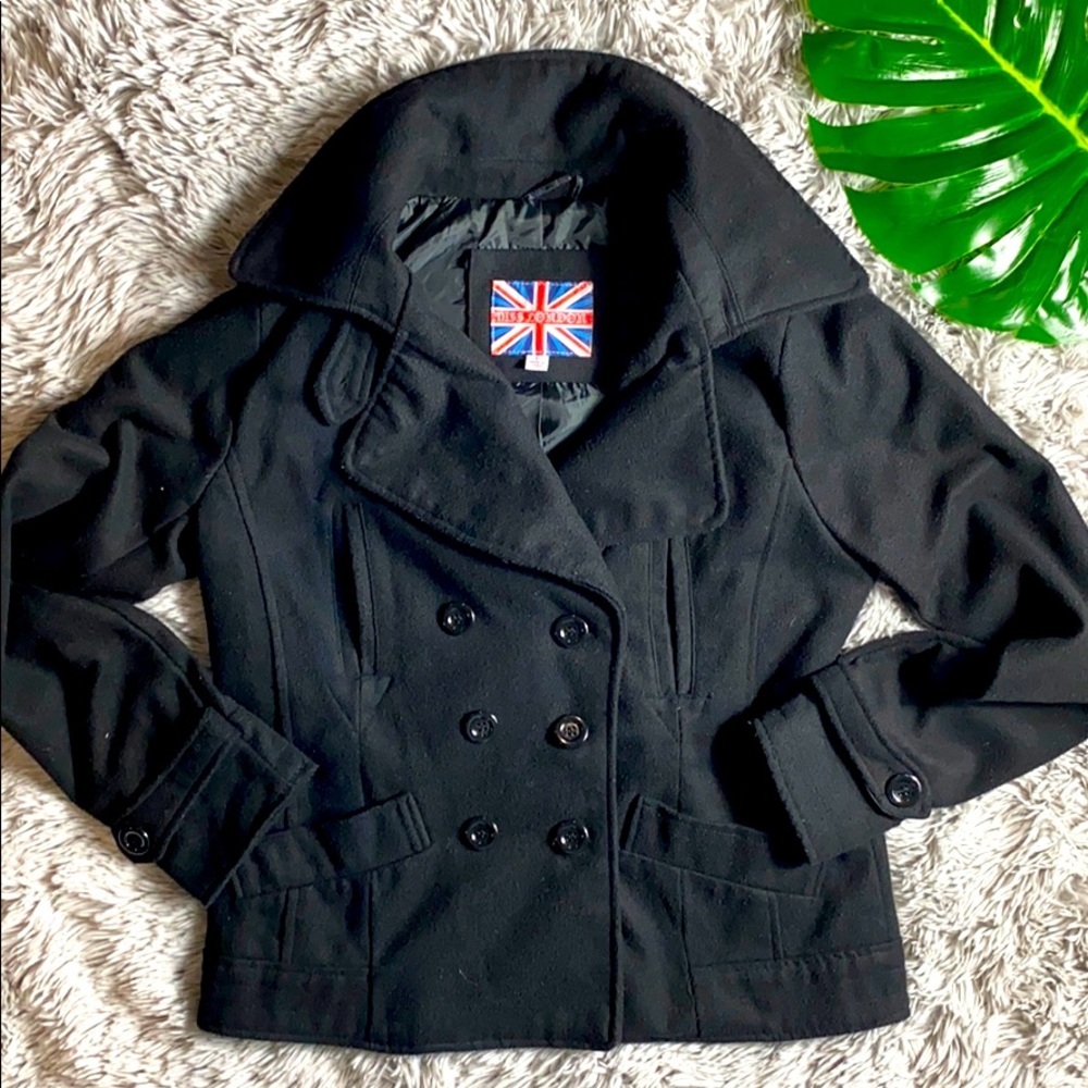 Miss London black wool blend pea coat size L
